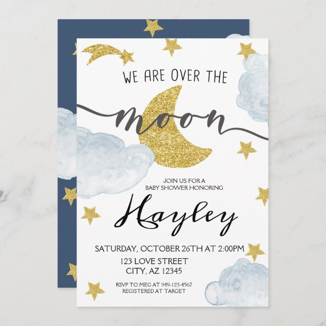 Over the Moon Steel Blue Boys Baby Shower Invitation (Front/Back)