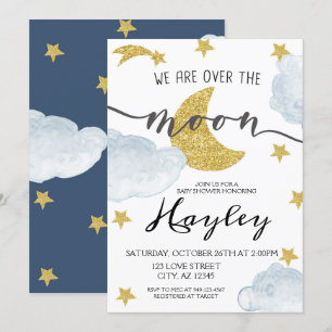 Over the Moon Steel Blue Boys Baby Shower Invitation