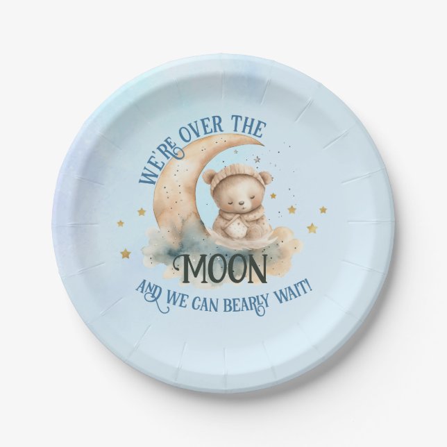 Over The Moon Teddy Bear Baby Boy Shower Paper Plate (Front)