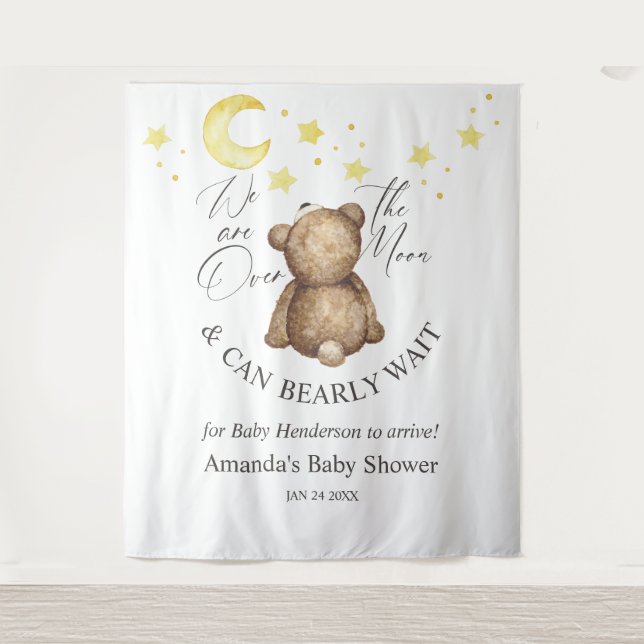 Over The Moon Teddy Bear Baby Shower Backdrop Tapestry (Front)