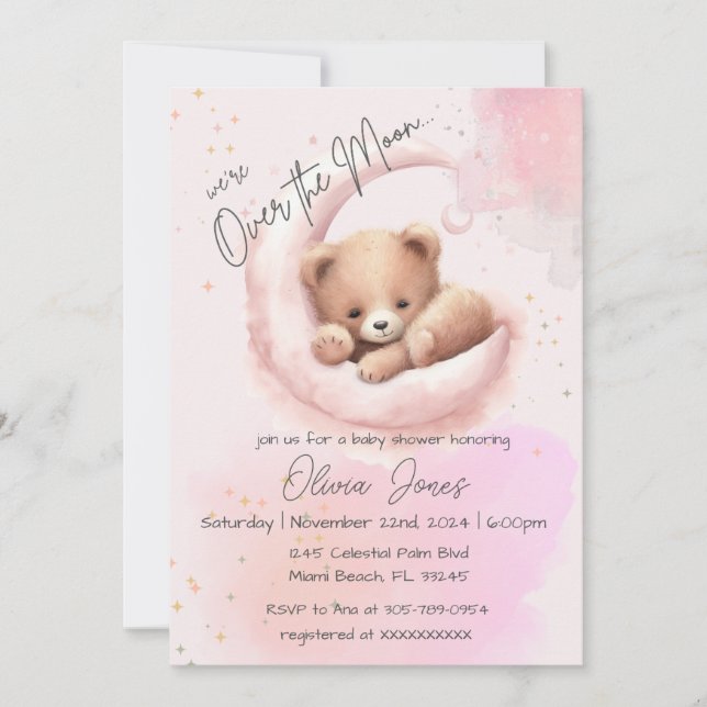 Over the Moon Teddy Bear Baby Shower Invitation (Front)