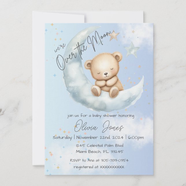 Over the Moon Teddy Bear Baby Shower Invitation (Front)