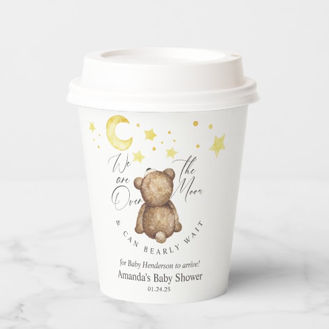 Over The Moon Teddy Bear Baby Shower Paper Cups (Front)