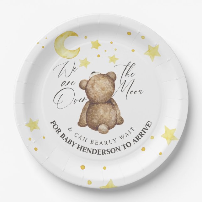 Over The Moon Teddy Bear Baby Shower Paper Plate (Front)