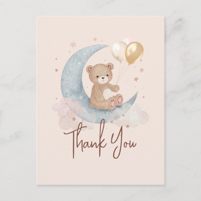 Over The Moon Teddy Bear Baby Shower Thank You Postcard (Front)