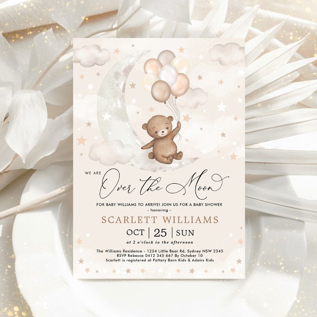 Over the Moon Teddy Bear Balloons Baby Shower Invitation (Creator Uploaded)