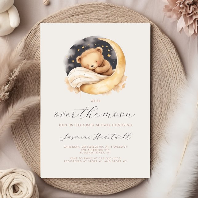 Over the Moon Teddy Bear Neutral Boho Baby Shower Invitation (Creator Uploaded)