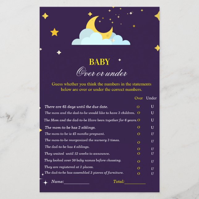Over the moon theme baby shower over or under game (Front)