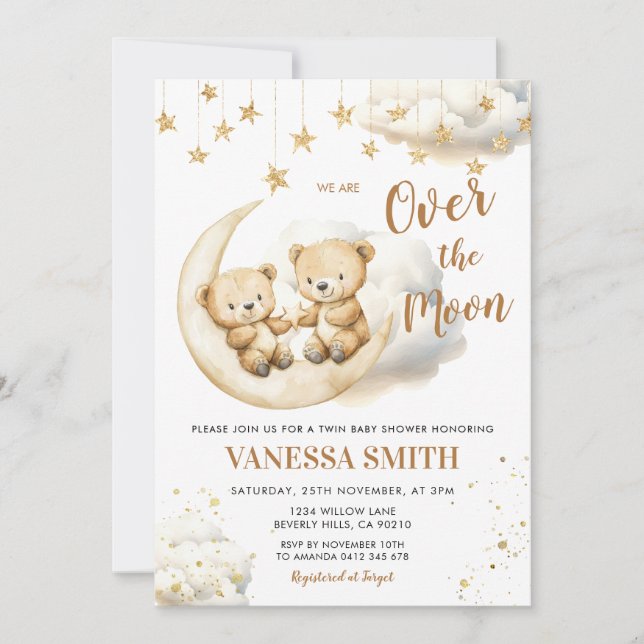 Over The Moon Twin Baby Shower Invitation (Front)