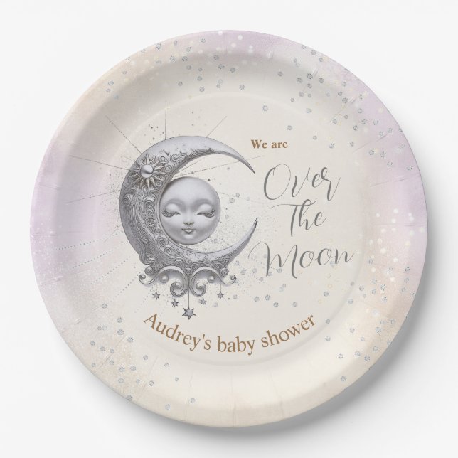 Over The Moon Unisex Purple Cream Baby Shower  Paper Plate (Front)