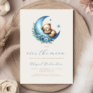 Over the Moon Watercolor Bear Blue Boy Baby Shower Invitation