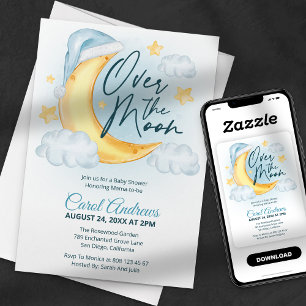 Over The Moon Watercolor Boy Baby Shower Invitation