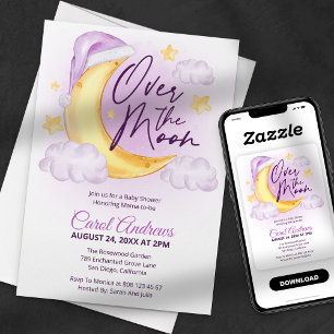Over The Moon Watercolor Girl Baby Shower Invitation