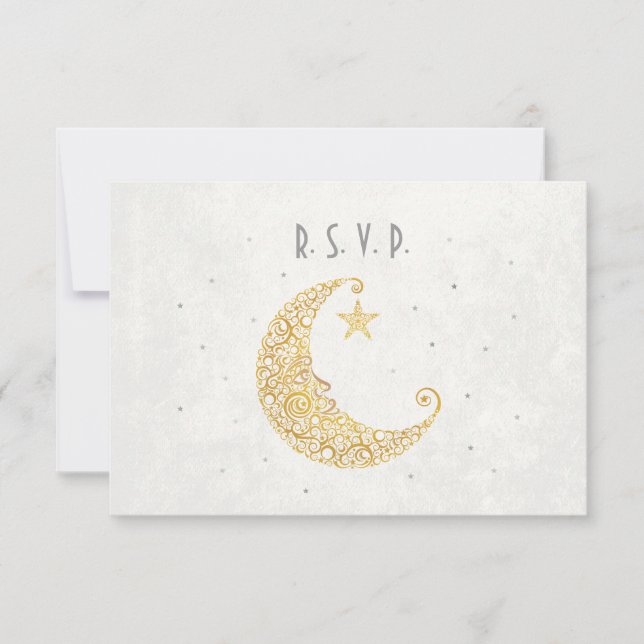 Over the Moon Wedding RSVP card Gold (Front)