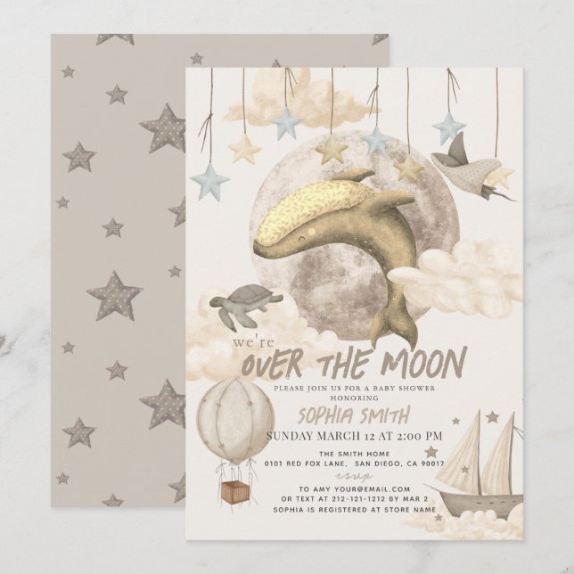 Over the Moon Whale Boho Baby Shower Invitation (Front/Back)