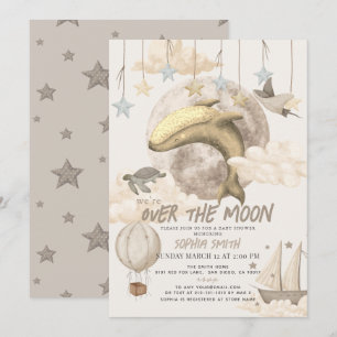 Over the Moon Whale Boho Baby Shower Invitation