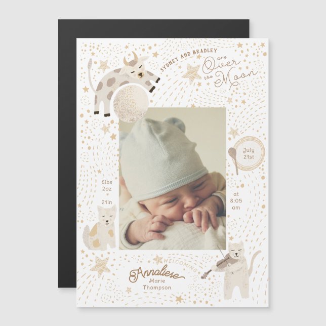 Over the Moon Whimsical Birth Announcement Magnet (Front/Back)
