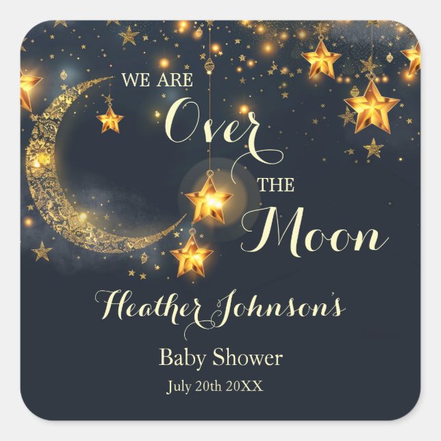 Over The Moon Whimsical Neutral Baby Shower Square Sticker (Front)