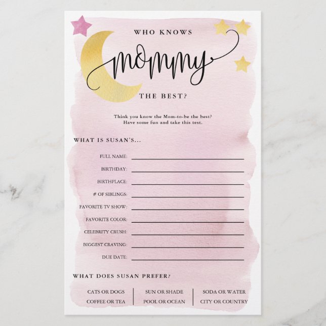 Over the Moon Who Knows Mum Pink Paper Game Card (Front)