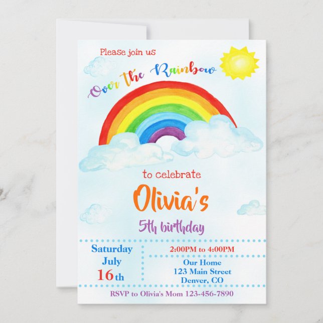 Over the rainbow birthday invitation (Front)