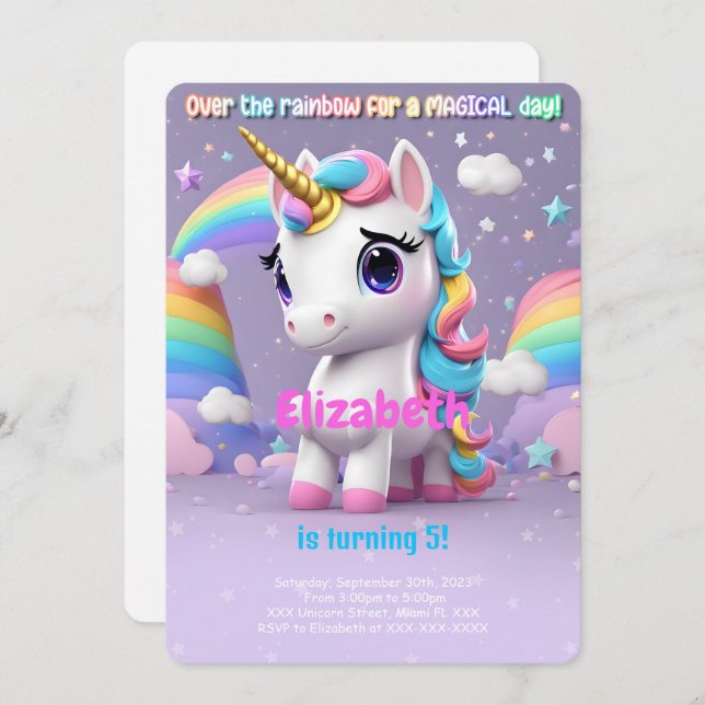 Over The Rainbow, Unicorn Birthday Invitation (Front/Back)
