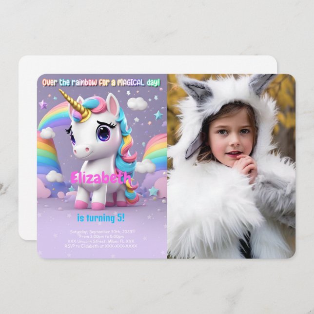 Over The Rainbow, Unicorn Birthday Photo Invitation (Front/Back)