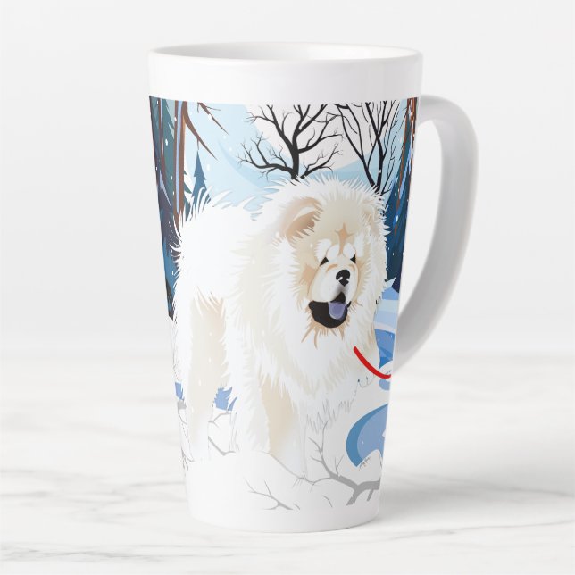 OVER THE RIVER Cream Chow latte mug with text (Right Angle)