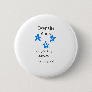 Over the Stars blue gray baby shower name date ele 6 Cm Round Badge