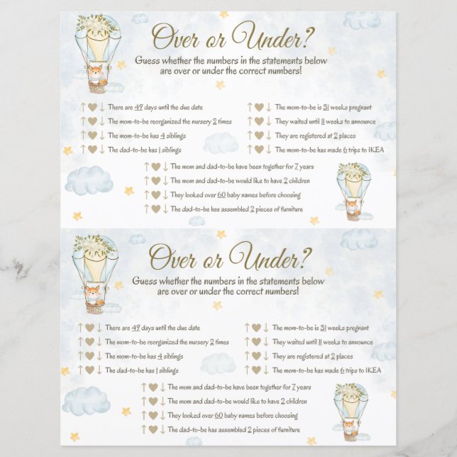 Over Under Baby Shower Game - Hot Air Balloon (Front)