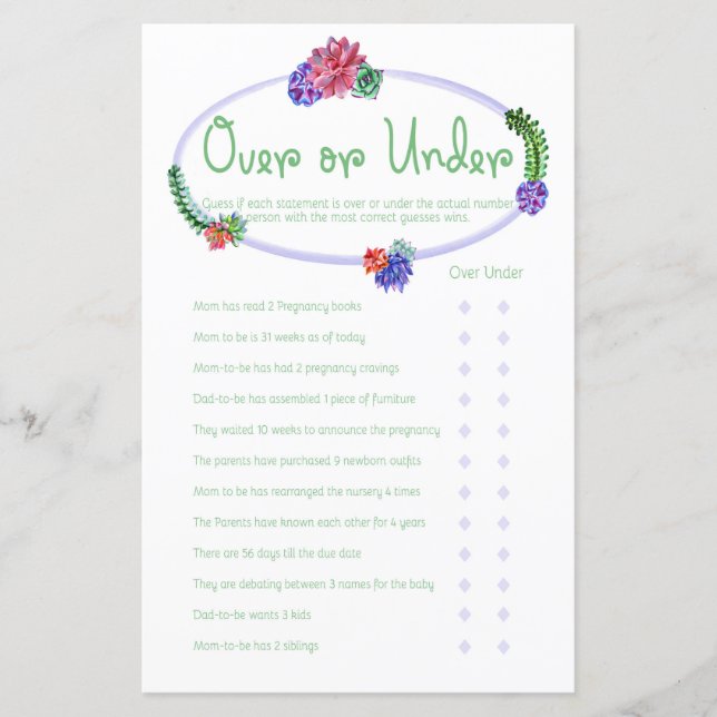 Over-Under Succulent  Baby Shower Game (Front)