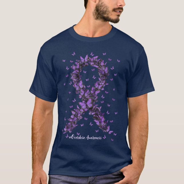 Overdose Awareness Butterfly Purple Ribbon Drug Ad T-Shirt (Front)