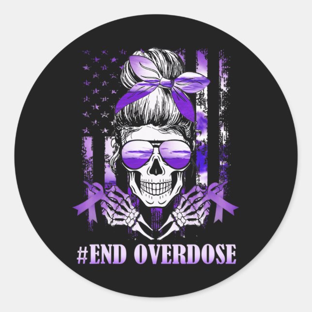 Overdose Awareness Day USA American Flag Skull War Classic Round Sticker (Front)
