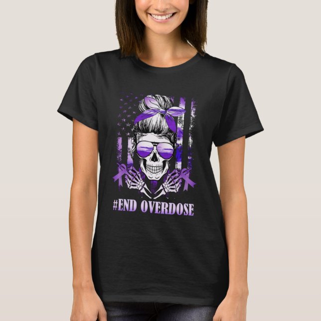 Overdose Awareness Day USA American Flag Skull War T-Shirt (Front)
