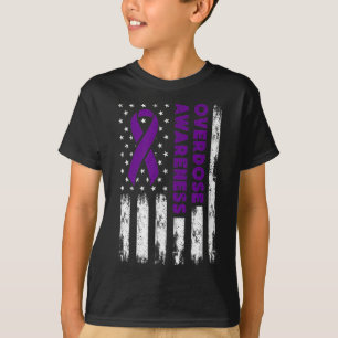 Overdose Awareness Flag Pruple Ribbon Addiction Re T-Shirt