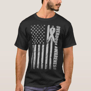 Overdose Awareness Month Purple Ribbon American Fl T-Shirt