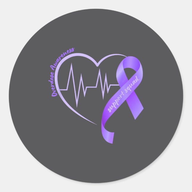 Overdose Awareness Month Purple Ribbon Heart Suprt Classic Round Sticker (Front)