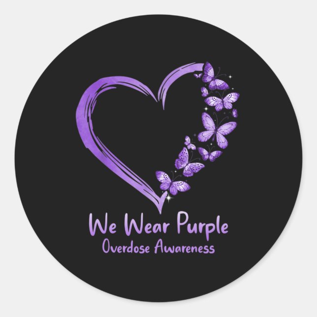 Overdose Awareness Purple Butterfly Heart Classic Round Sticker (Front)