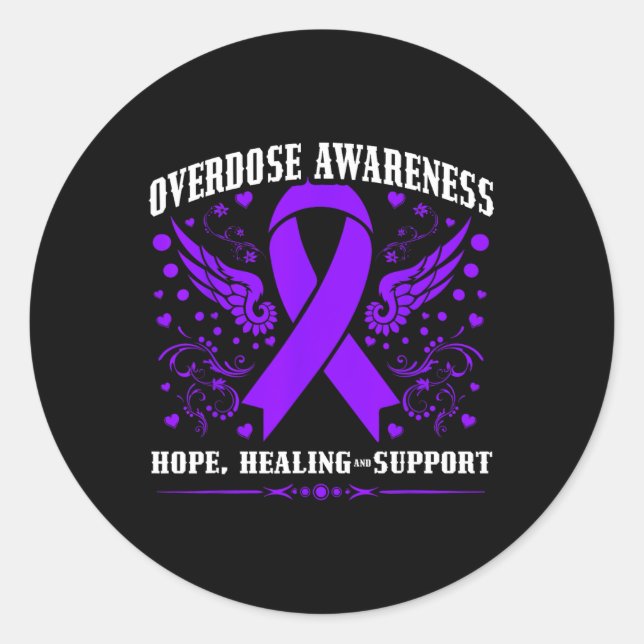 Overdose Awareness Purple Ribbon Drug Addiction 55 Classic Round Sticker (Front)