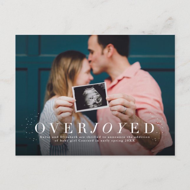 Overjoyed holiday pregnancy announcement postcard (Front)