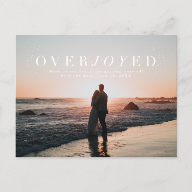 Overjoyed holiday save the date photo postcard (Front)