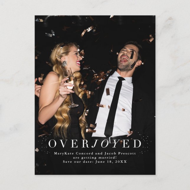 Overjoyed save the date vertical photo holiday postcard (Front)