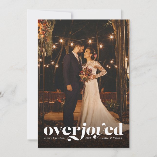 Overjoyed vertical newlywed holiday card (Front)