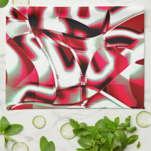 Overlap curved ribbon, vivid red to dark and white tea towel