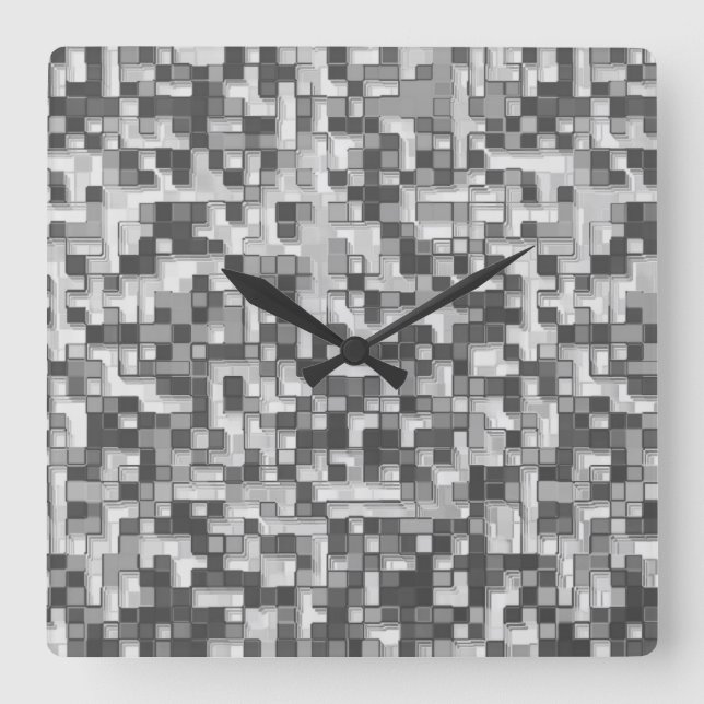 Overlap of small squares in tones of grey to clear square wall clock (Front)