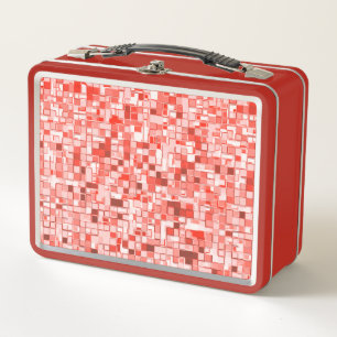 Overlap of small squares, tones of red or coral metal lunch box