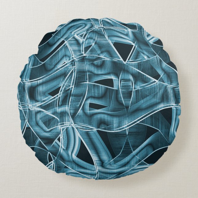 Overlapping curves in tape shape, blue neon relief round cushion (Front)