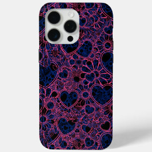 Overlapping Hearts Pattern, Pink on Blue Black BG iPhone 15 Pro Max Case