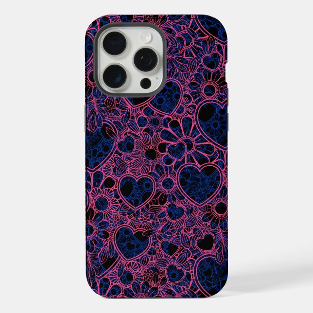 Overlapping Hearts Pattern, Pink on Blue Black BG iPhone Case (Back)