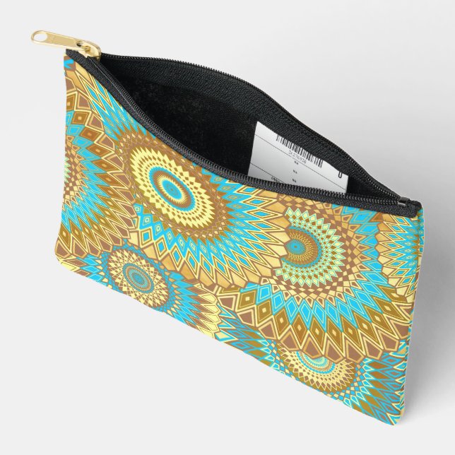 Overlapping Mandala Blue Brown Gold Accessory Pouch (Open)