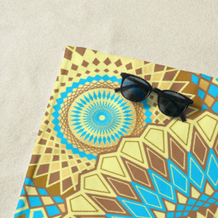 Overlapping Mandala Blue Brown Gold Beach Towel